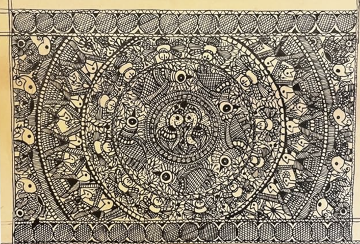 Monochrome Godna-style Madhubani painting: circular mandala of stylised birds and dense line patterns in black on cream paper