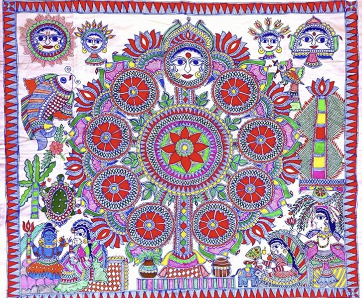 Colourful Madhubani Kohbar painting with central lotus face, fish, turtle, Shiva–Parvati, elephant and decorative border