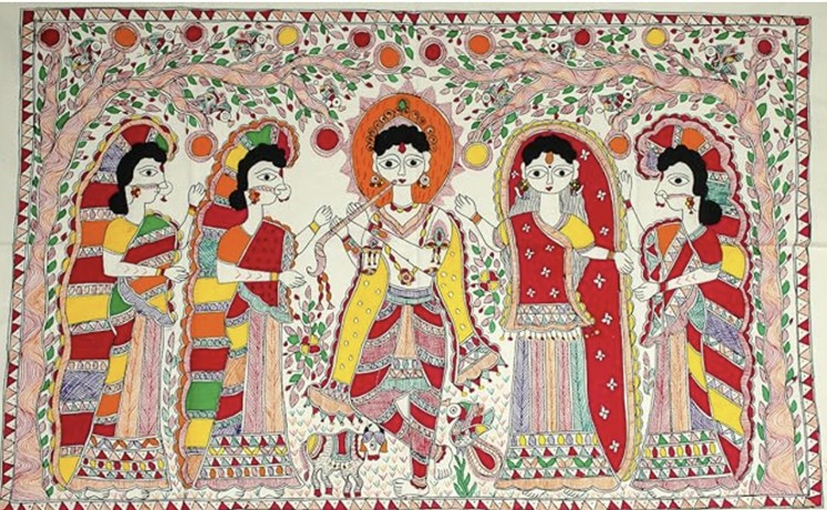 Madhubani painting of Krishna with flute and halo, four gopis in patterned sarees, intertwining trees, small cow and decorative border