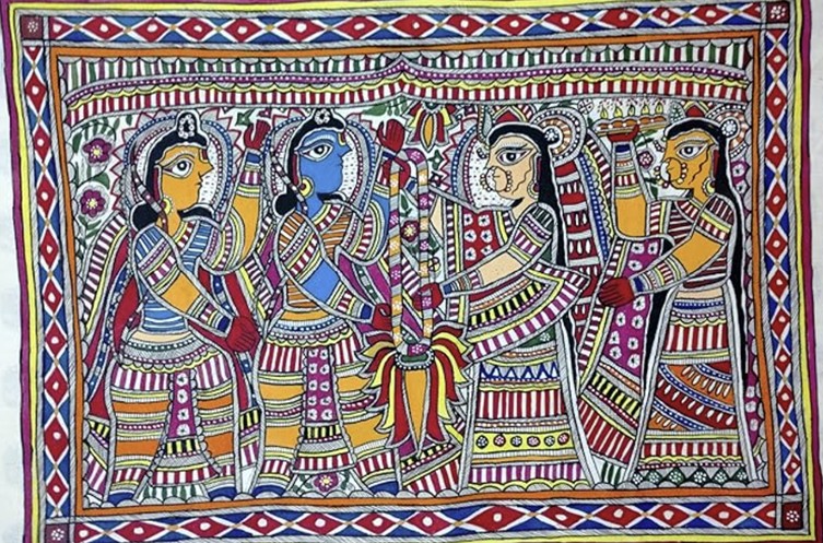 Madhubani Sita Swayamvar scene: blue Rama and golden Sita exchanging a garland, two women attendants, diamond-pattern border
